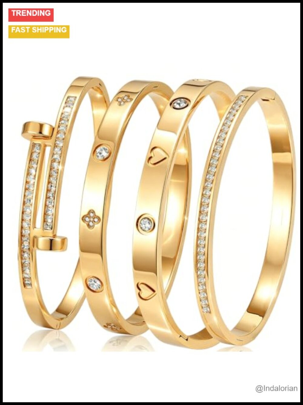 18K Gold Plated Stainless Steel Bangle Bracelets Set of 4 Stackable
